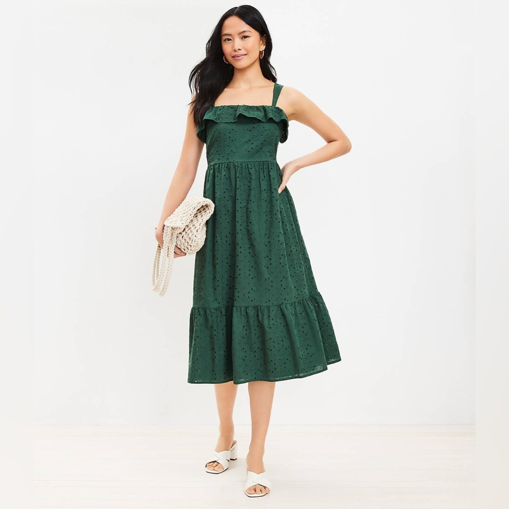 Loft Eyelet Ruffle Square Neck Midi Dress - image 1